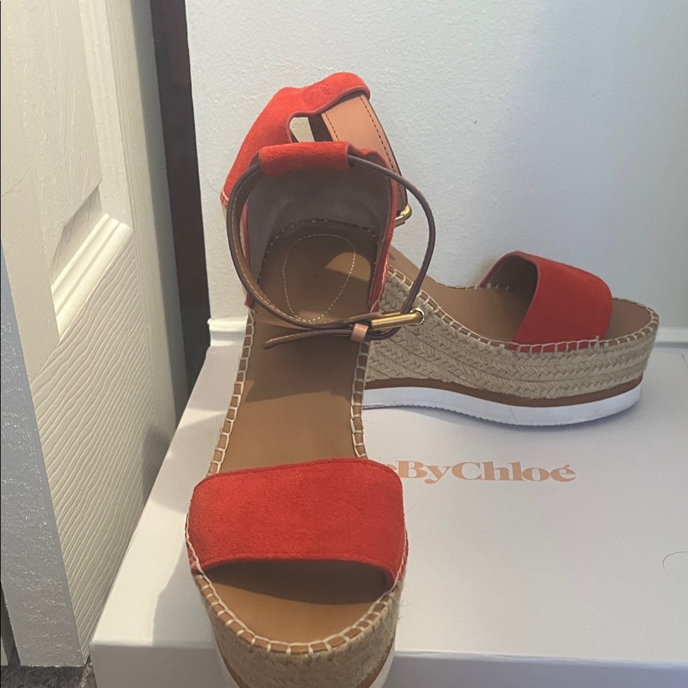 See By Chloe Orange Espadrille Wedge Sandals